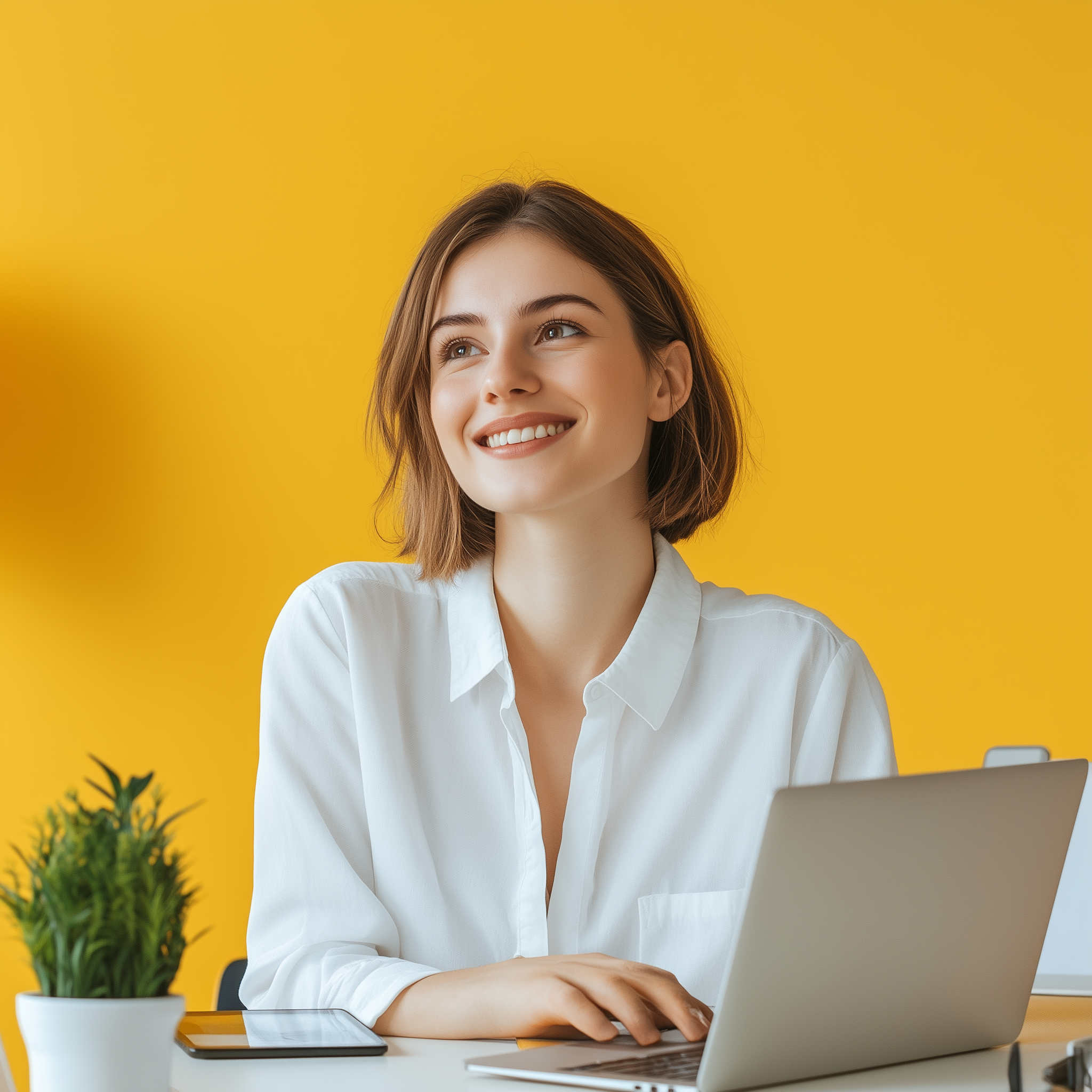 eleutheria3734_A_happy_woman_in_a_white_shirt_with_short_hair_i