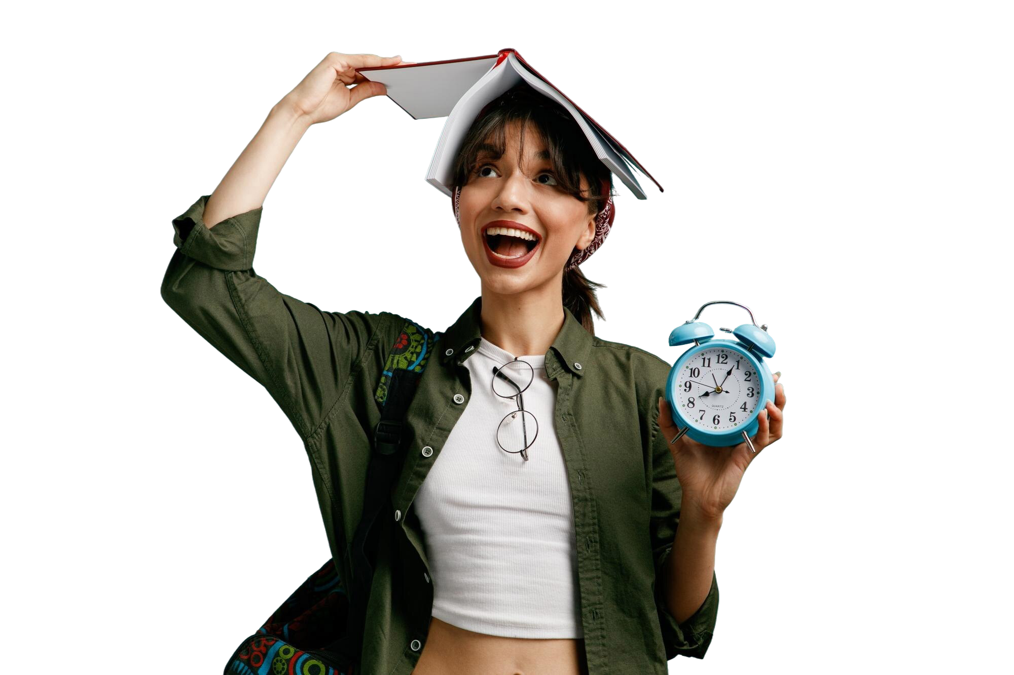 excited-young-student-girl-wearing-bandana-backpack-putting-glasses-her-blouse-showing-alarm-clock-holding-open-note-pad-her-head-grabbing-note-pad-looking-up-isolated-blue-background
